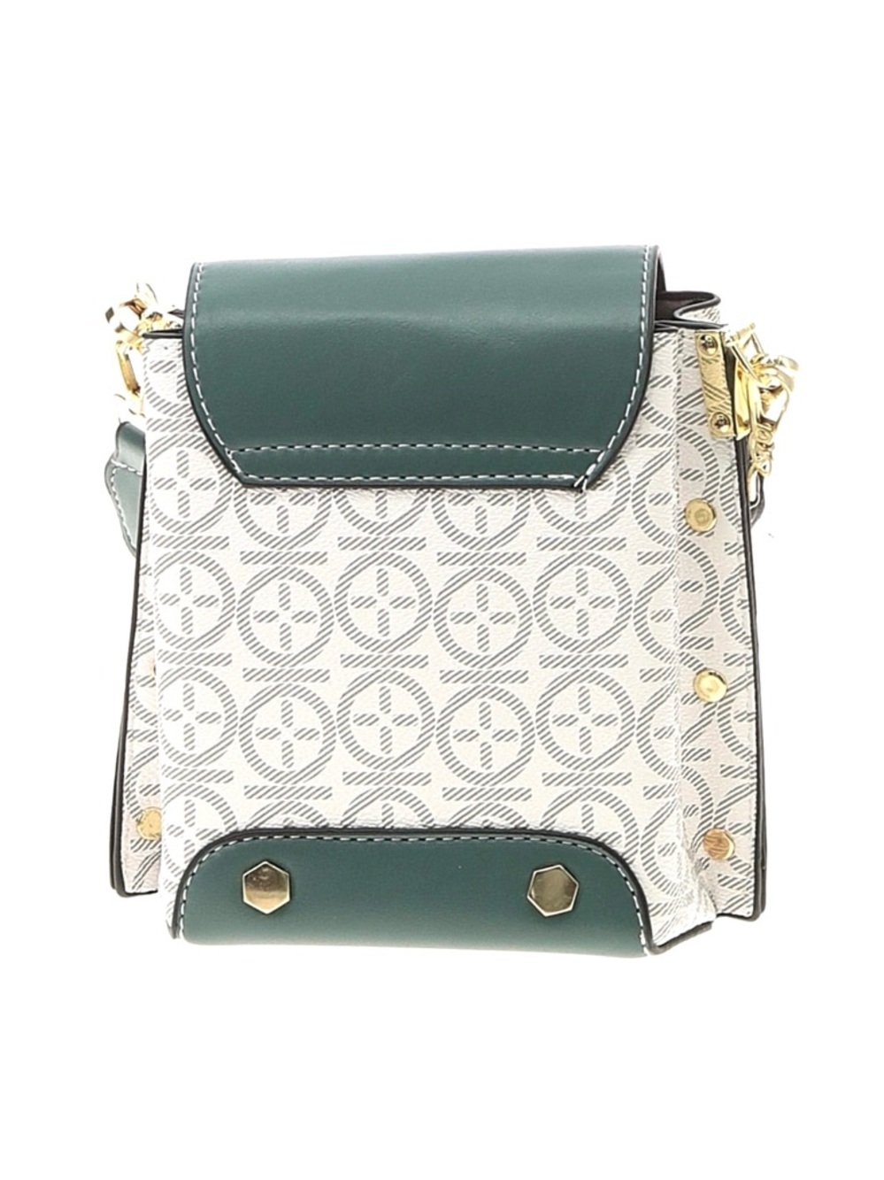 FASHION BAG ~ Green, Off White Pink Patterned Crossbody Bag w/Gold Chain Handle - Picture 4 of 14